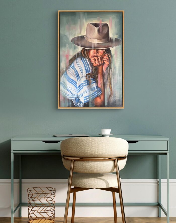 Girl In Fedora Hat Oil on Canvas with Wood Finish - Image 3