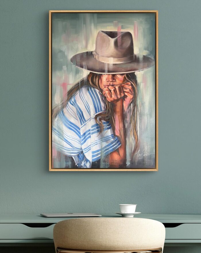 Girl In Fedora Hat Oil on Canvas with Wood Finish - Image 2