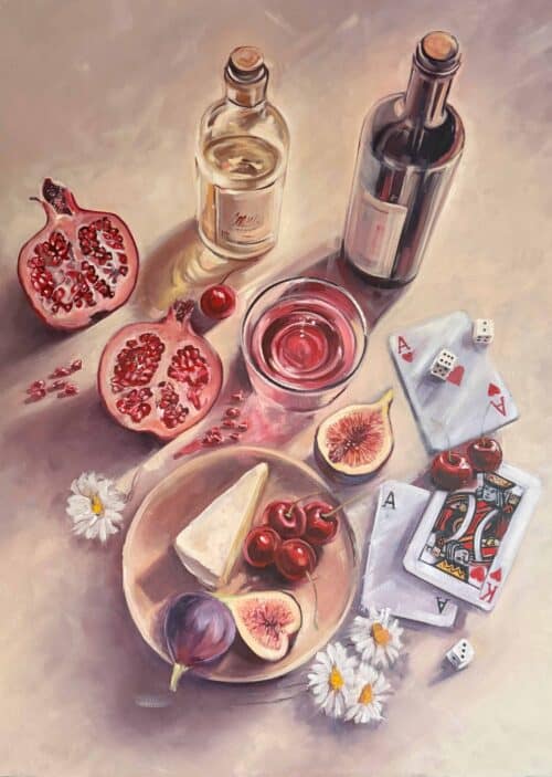 cheese and wine still life painting